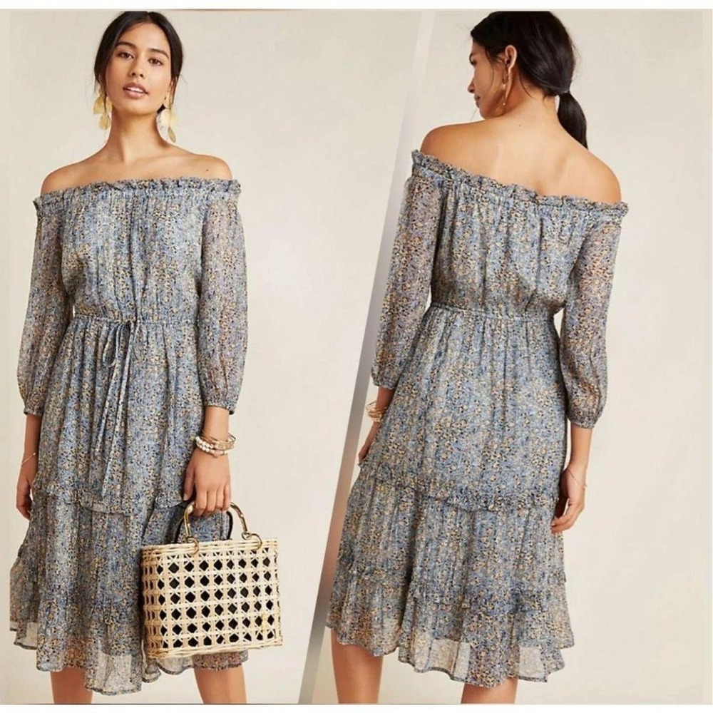 Anthropologie Kira Off-the-Shoulder Peasant ditsy Floral Dress size 4 blue